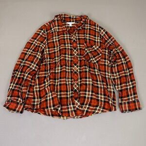 TIME TRU Flannel Shirt Women's XL 16/18 Plaid Orange Black Yellow Long Sleeve